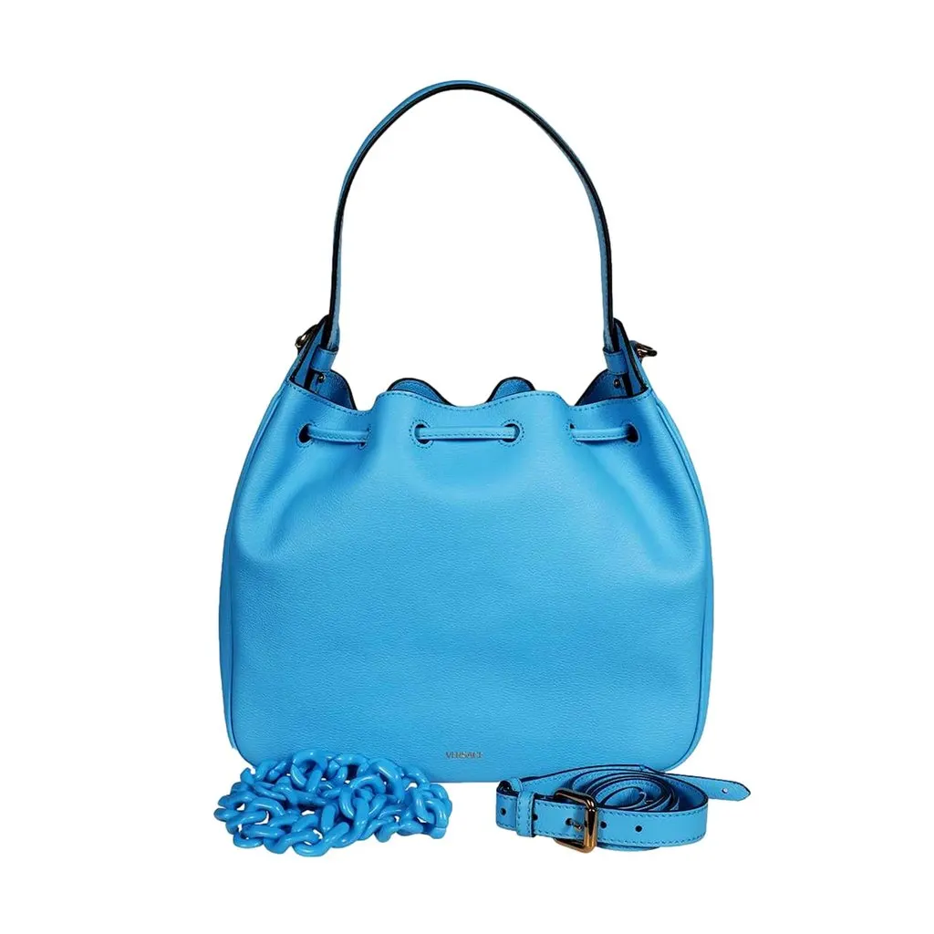 Versace La Medusa Blue Textured Leather Bucket Bag Gold Hardware Chain Strap Blue Leather Never worn - Back View