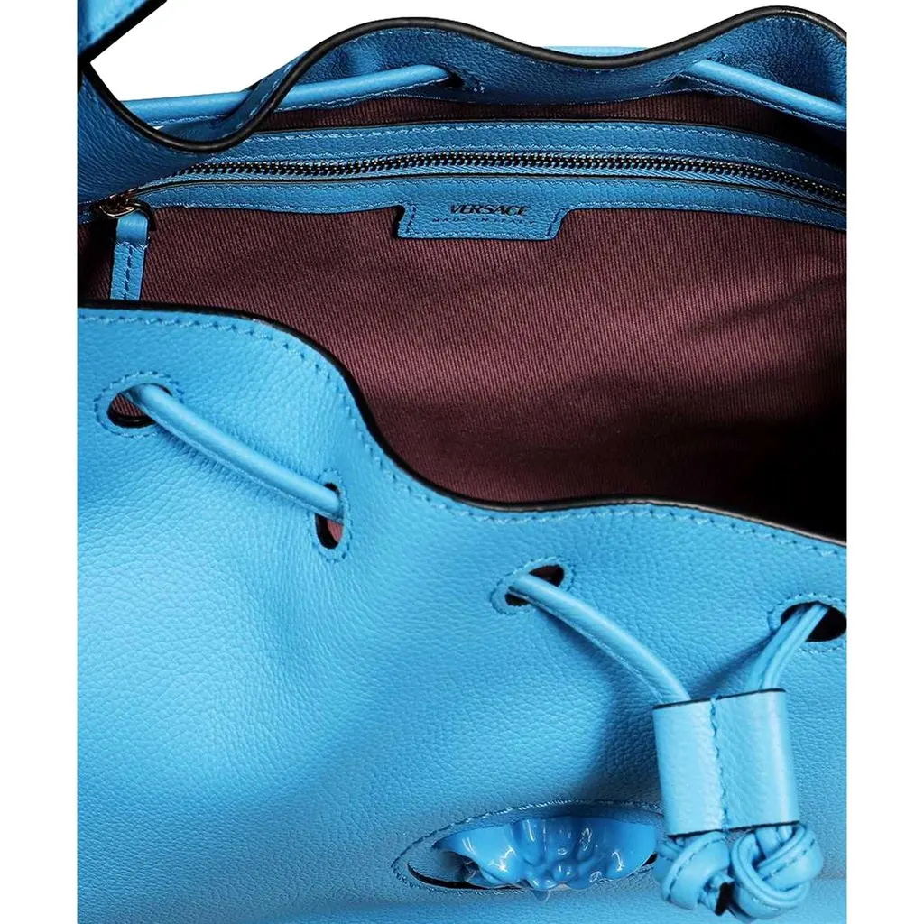 Versace La Medusa Blue Textured Leather Bucket Bag Gold Hardware Chain Strap Blue Leather Never worn - Inside View
