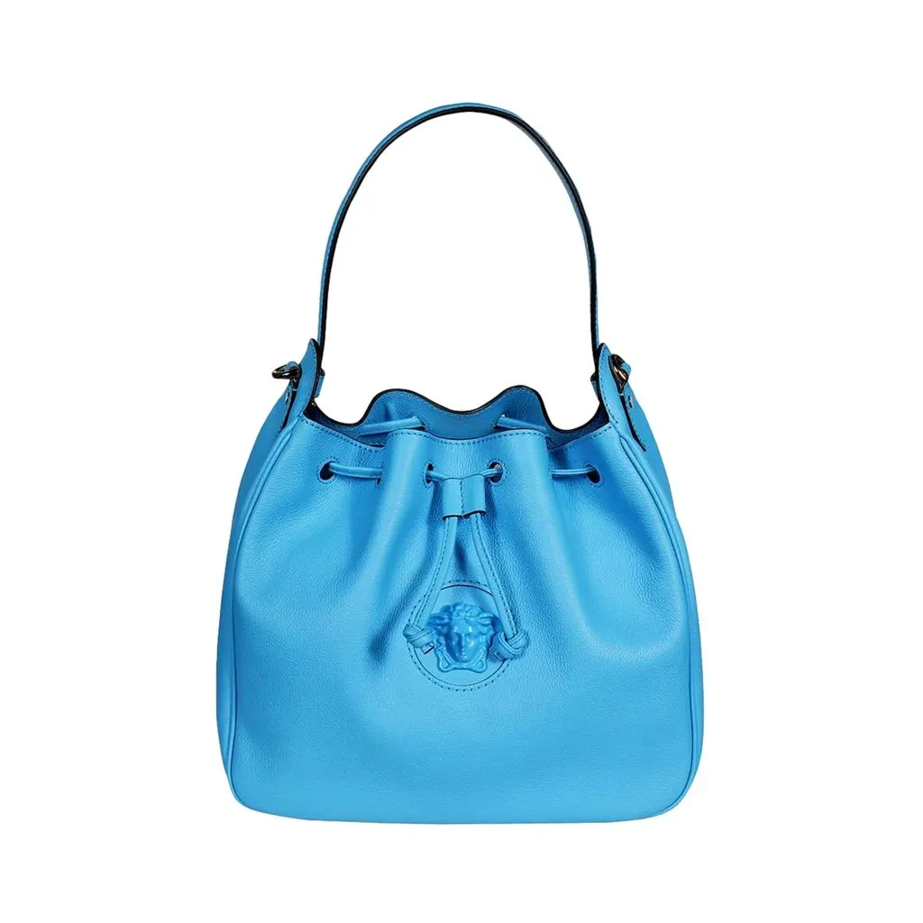 Versace La Medusa Blue Textured Leather Bucket Bag Gold Hardware Chain Strap Blue Leather Never worn - Model View