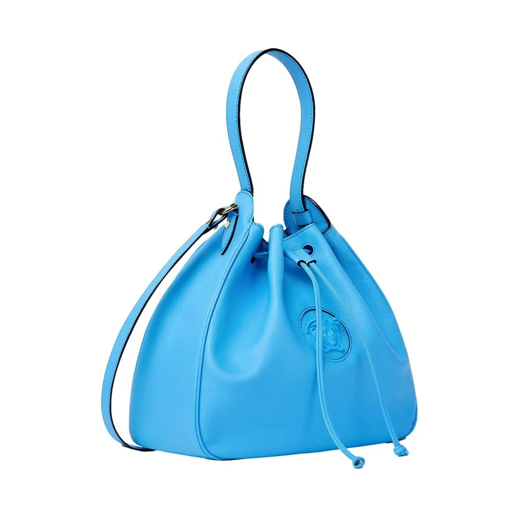 Versace La Medusa Blue Textured Leather Bucket Bag Gold Hardware Chain Strap Blue Leather Never worn - Box View