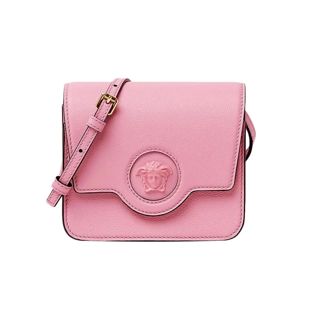 Versace La Medusa Pink Pebbled Leather Small Crossbody Bag Gold Logo Pink Leather Never worn - Front View