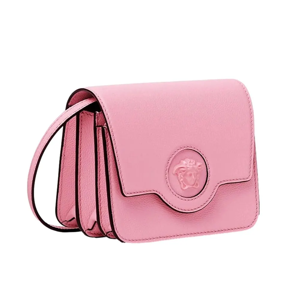Versace La Medusa Pink Pebbled Leather Small Crossbody Bag Gold Logo Pink Leather Never worn - Model View