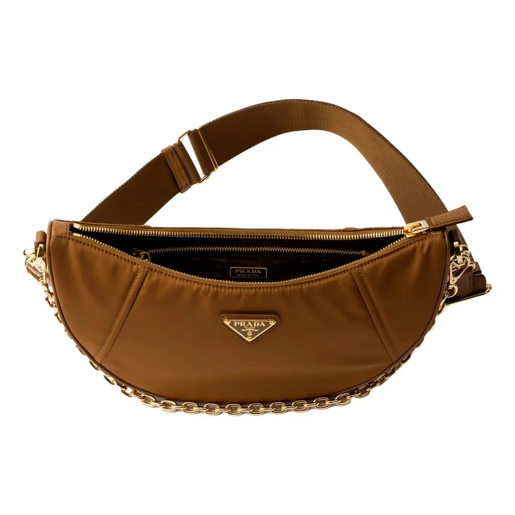 Prada Demi Lune Re-Nylon Crescent Shoulder Bag in Brown Brown Never worn - Model View
