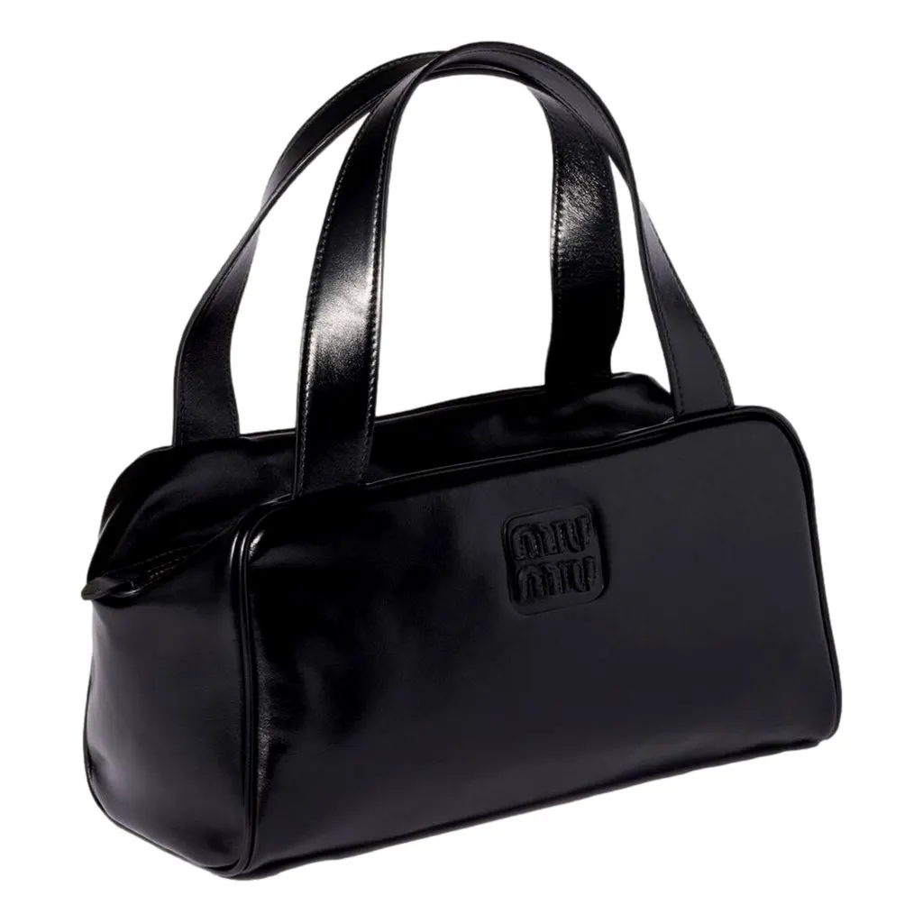 Miu Miu Black Top Handle Bowler Bag with Tonal Logo Black Leather Never worn - Back View