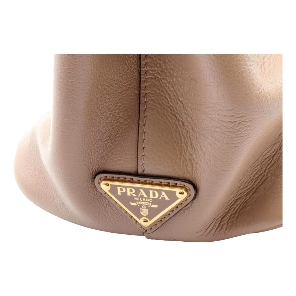 Prada Embossed Logo Soft Leather Handbag Shopper Tote Cammeo Beige Beige Leather Never worn - Model View