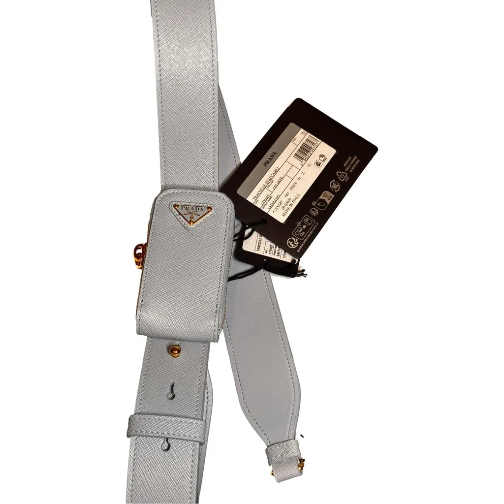 Prada Saffiano Leather Strap with Mini Pouch Celeste Blue Gold Hardware Blue Leather Never worn - Front View