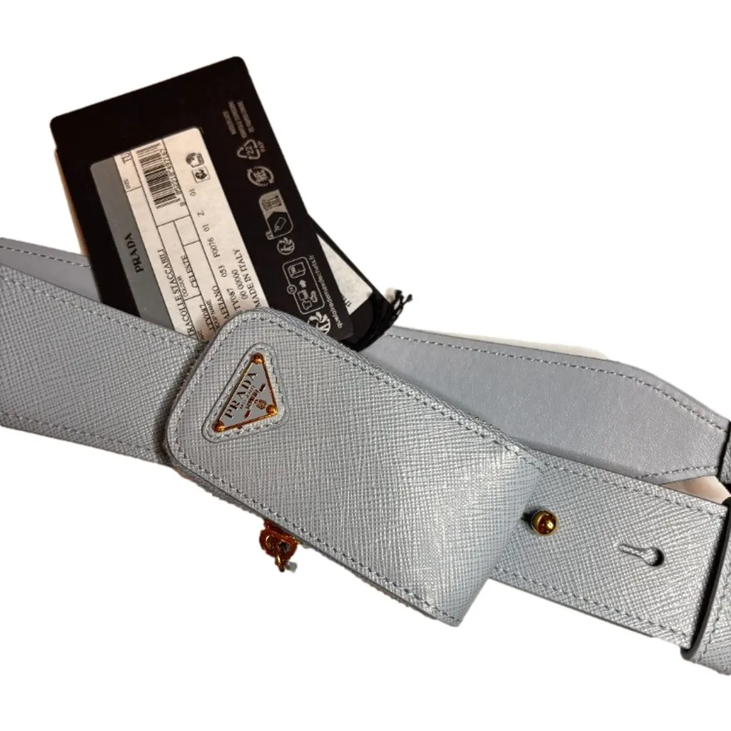 Prada Saffiano Leather Strap with Mini Pouch Celeste Blue Gold Hardware Blue Leather Never worn - Back View