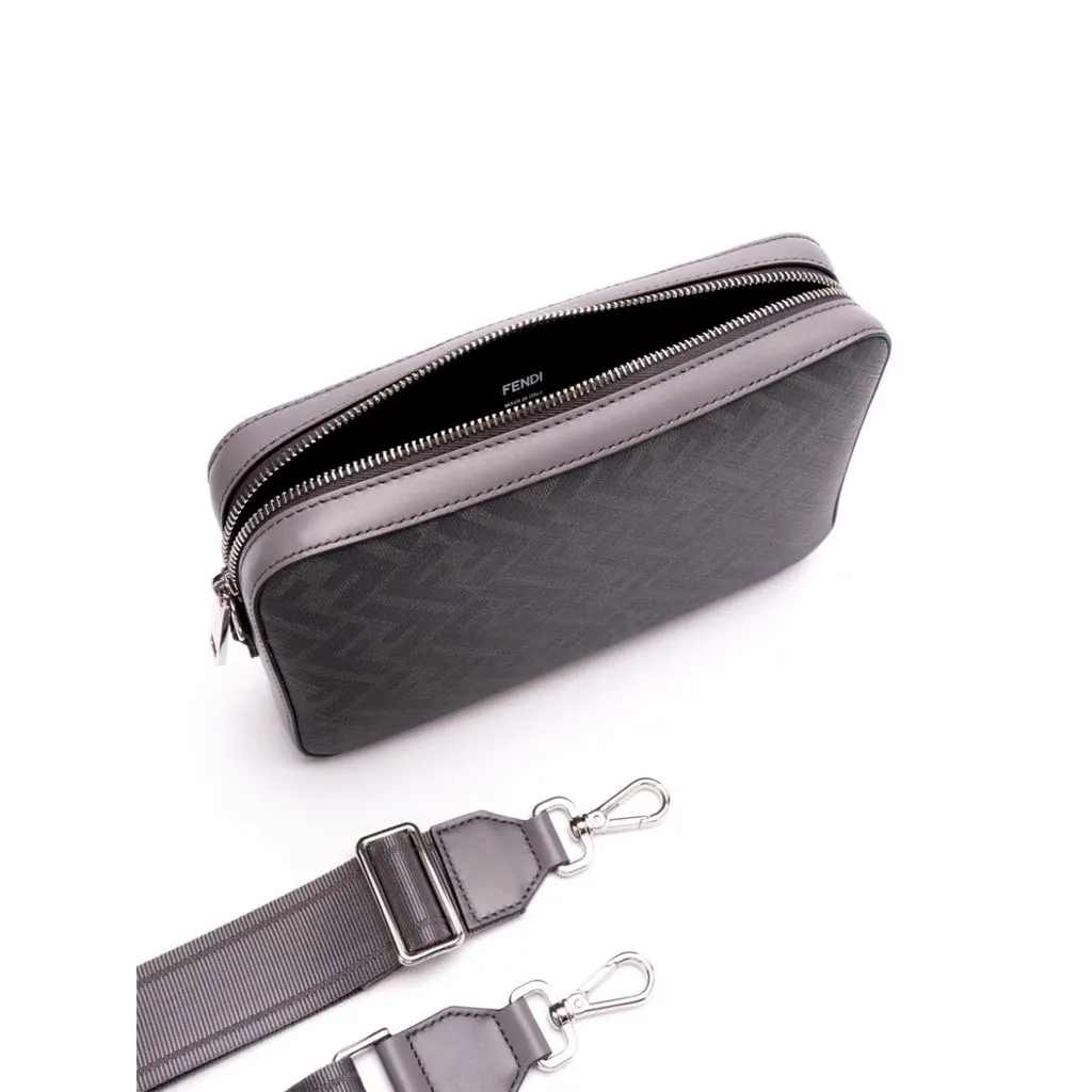 Fendi Diagonal FF Jacquard Acciaio Gray Camera Crossbody Bag Grey Canvas Never worn - Model View
