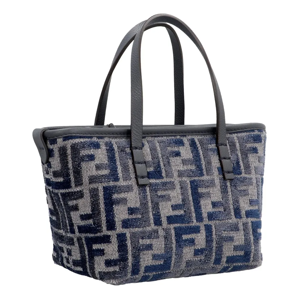Fendi Mini Roll FF Shopping Tote Blue Gray Chenille Small Handbag Blue Leather Never worn - Back View