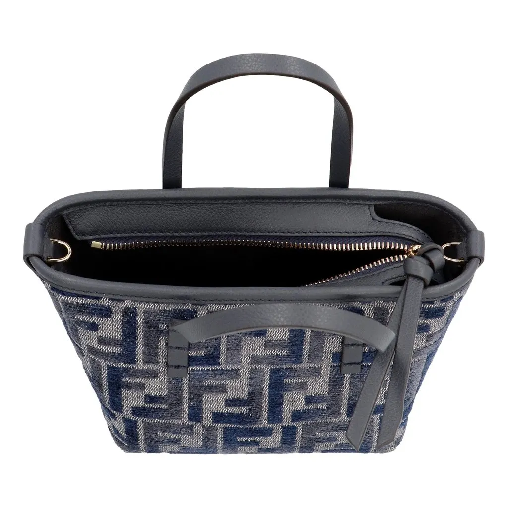 Fendi Mini Roll FF Shopping Tote Blue Gray Chenille Small Handbag Blue Leather Never worn - Inside View