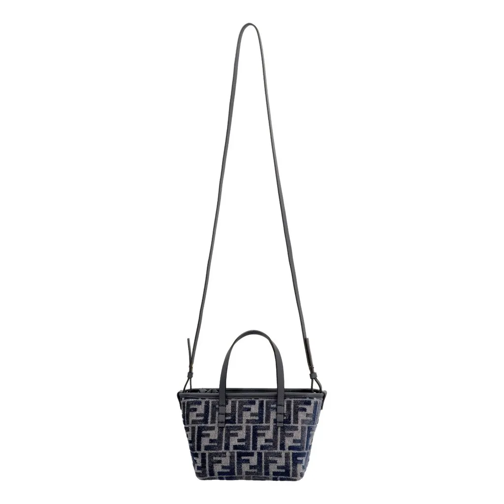Fendi Mini Roll FF Shopping Tote Blue Gray Chenille Small Handbag Blue Leather Never worn - Model View