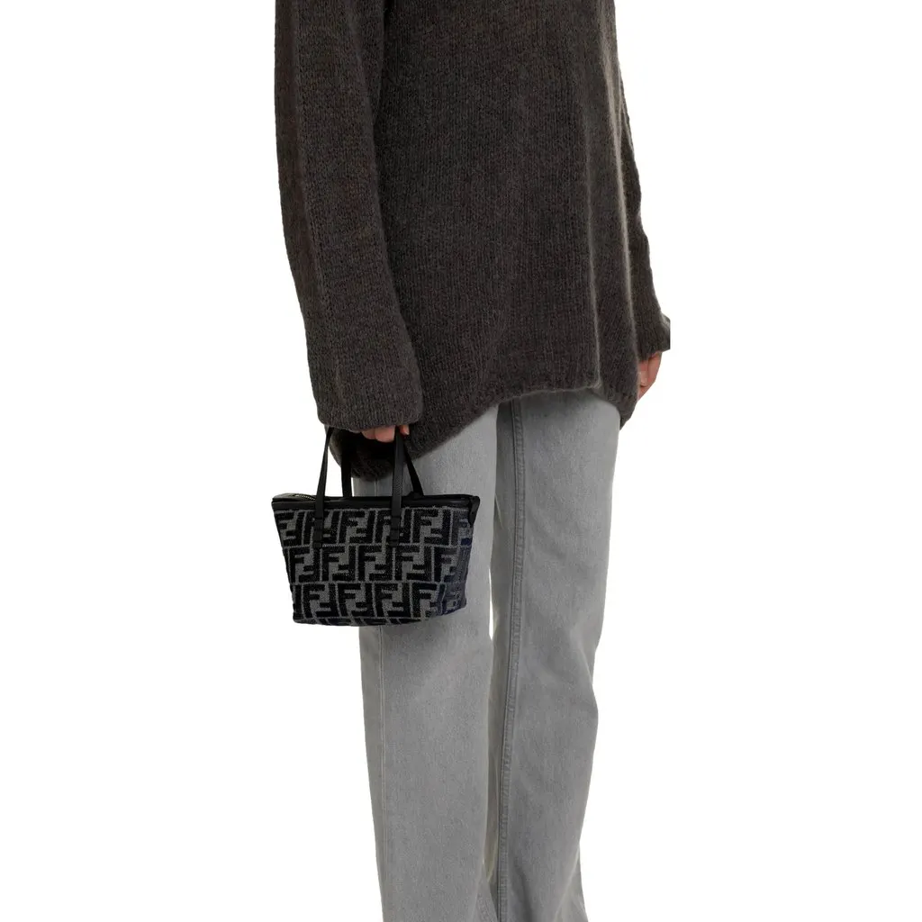 Fendi Mini Roll FF Shopping Tote Blue Gray Chenille Small Handbag Blue Leather Never worn - Box View