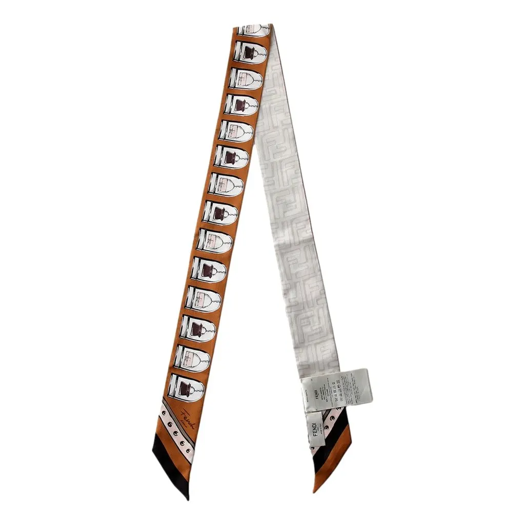 Fendi Two Sided Silk Wrappy Scarf in Caramel Baguette Print and White FF