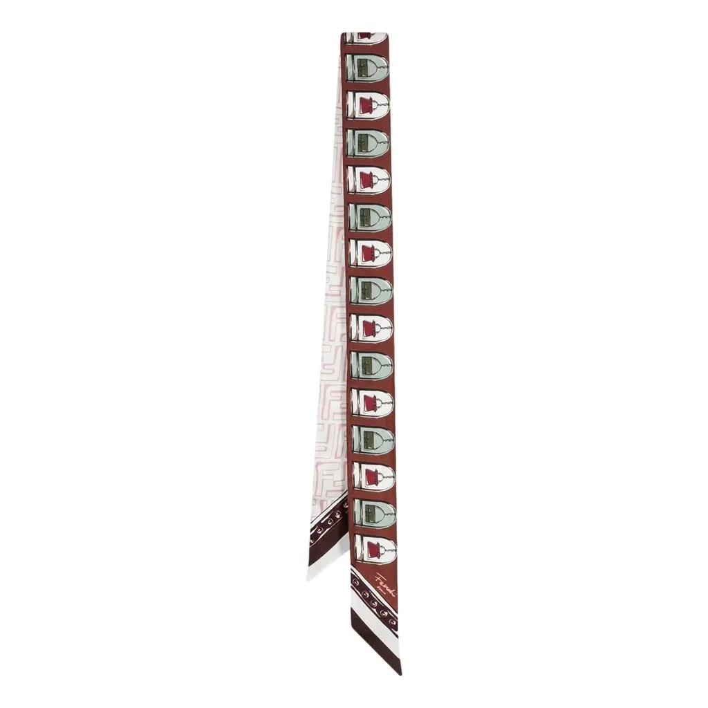 Fendi Baguette Print Silk Wrappy Scarf Dark Brown and White Brown Silk Never worn - Front View