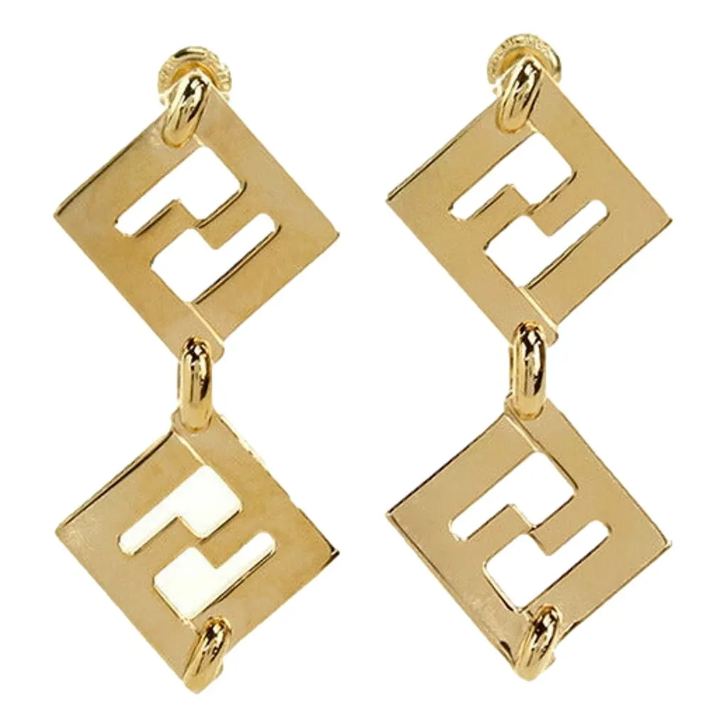 Fendi Forever FF Gold Tone Metal Dangle Stud Earrings Yellow Never worn - Front View