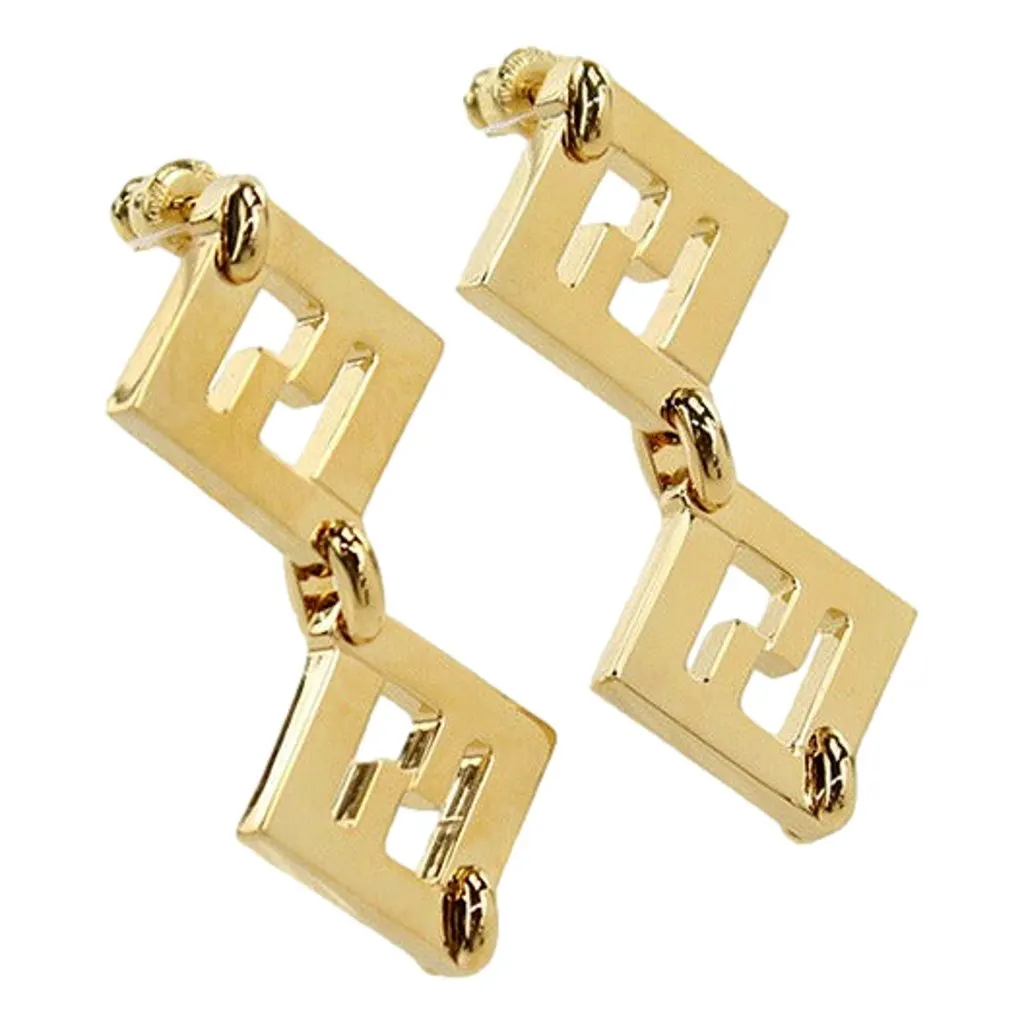 Fendi Forever FF Gold Tone Metal Dangle Stud Earrings Yellow Never worn - Back View