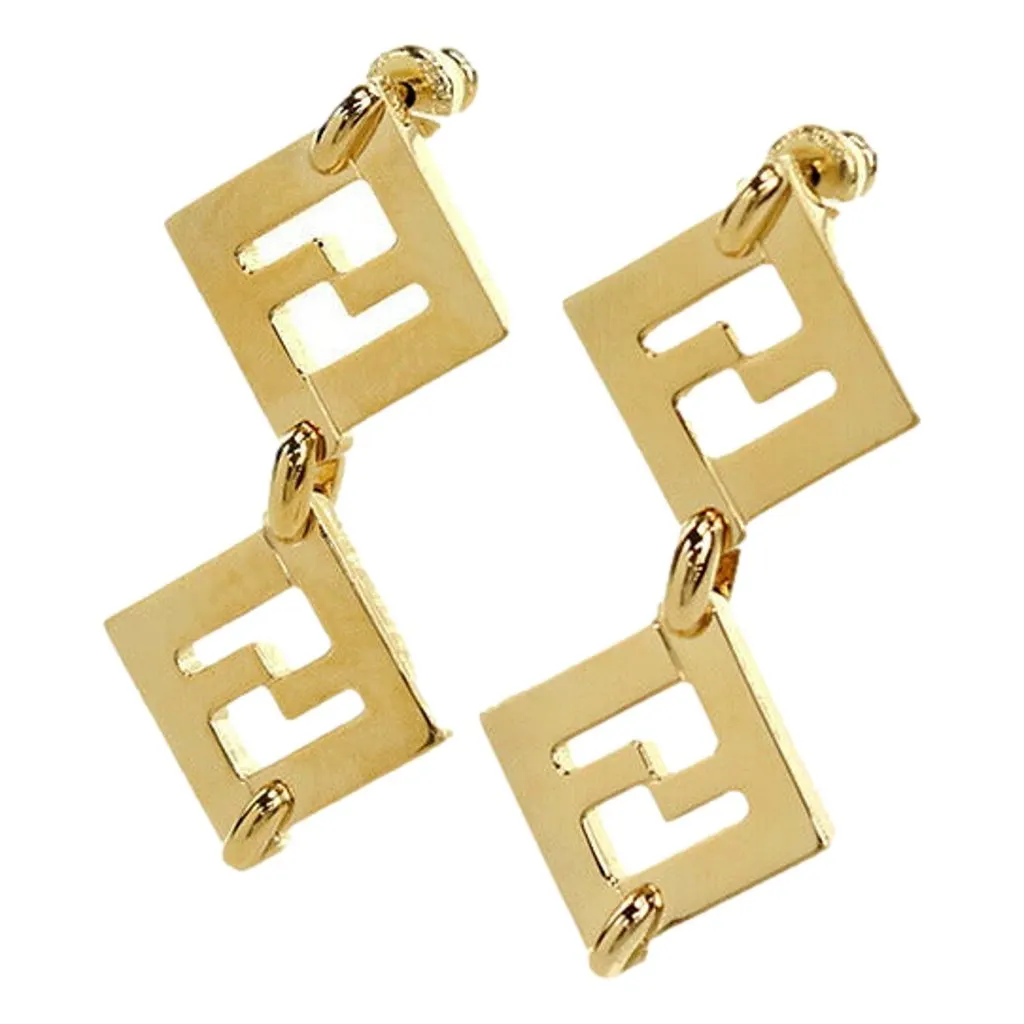 Fendi Forever FF Gold Tone Metal Dangle Stud Earrings Yellow Never worn - Model View