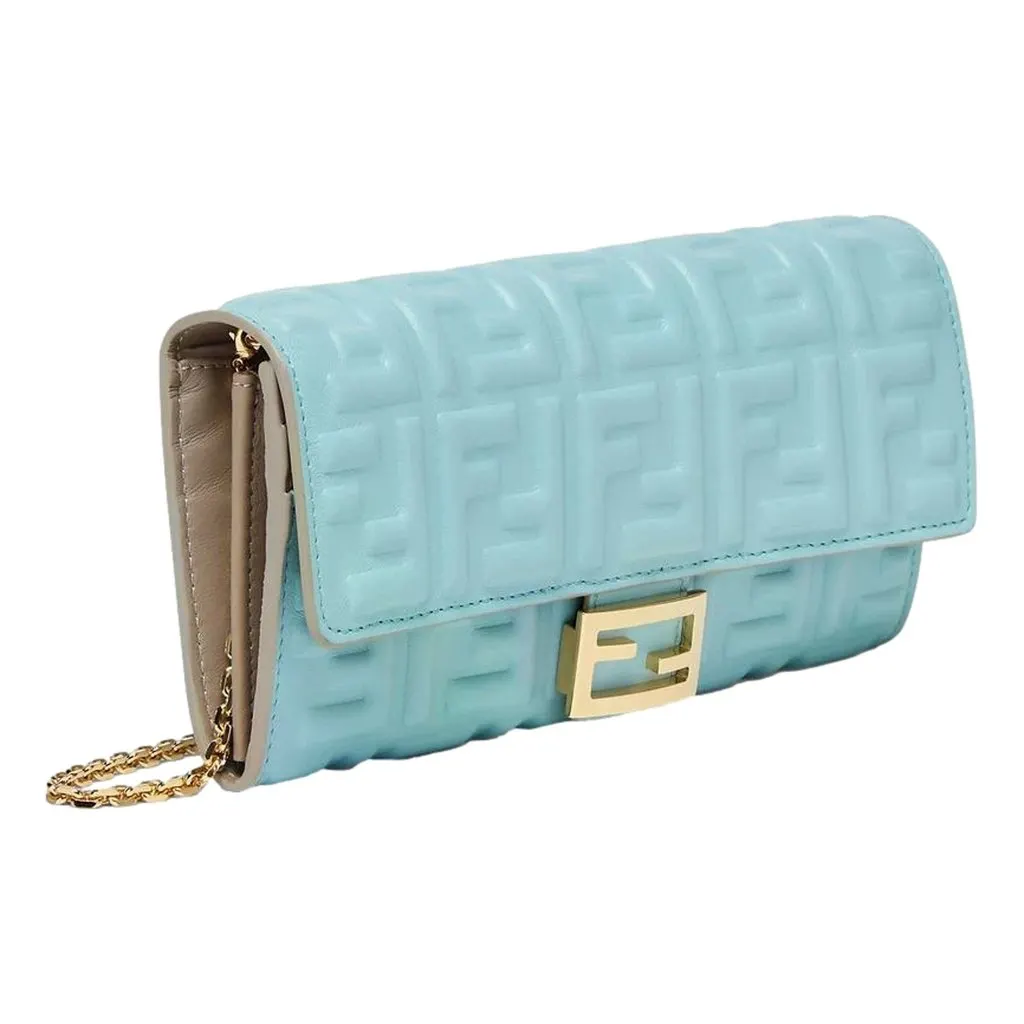 Fendi Baguette FF Embossed Lambskin Wallet on a Chain Crossbody in Light Blue Blue Leather Never worn - Back View
