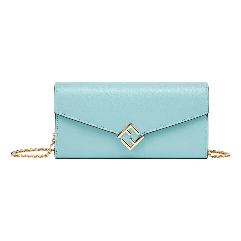 Fendi FF Diamonds Light Blue Calfskin Leather Continental Wallet on Chain Gold Hardware Blue Leather Never worn - Front View