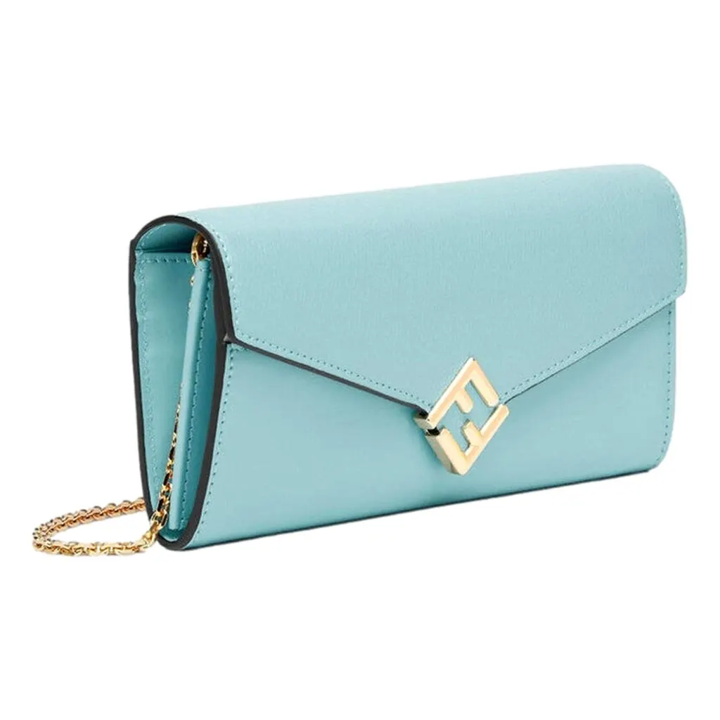 Fendi FF Diamonds Light Blue Calfskin Leather Continental Wallet on Chain Gold Hardware Blue Leather Never worn - Back View