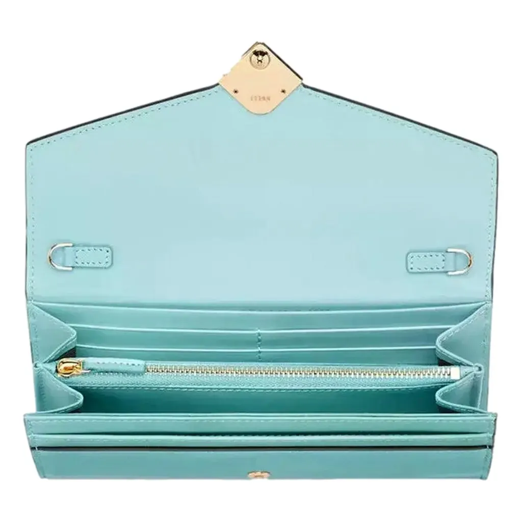 Fendi FF Diamonds Light Blue Calfskin Leather Continental Wallet on Chain Gold Hardware Blue Leather Never worn - Model View