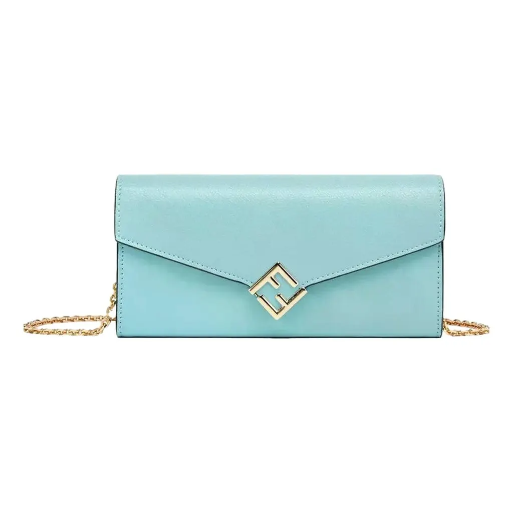 Fendi FF Diamonds Light Blue Calfskin Leather Continental Wallet on Chain Gold Hardware Blue Leather Never worn - Box View