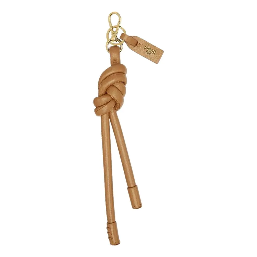 Fendi Knot Oversized Bag Charm Keychain Brown Calfskin Leather Gold Hardware Brown Leather Never worn - Front View