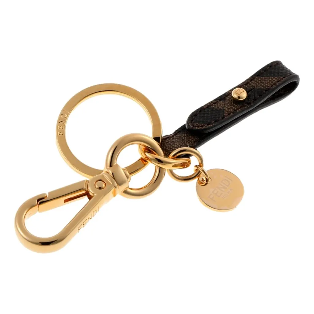 Fendi FF Zucca Canvas and Leather Gold Tone Bag Charm with Roma Medallion