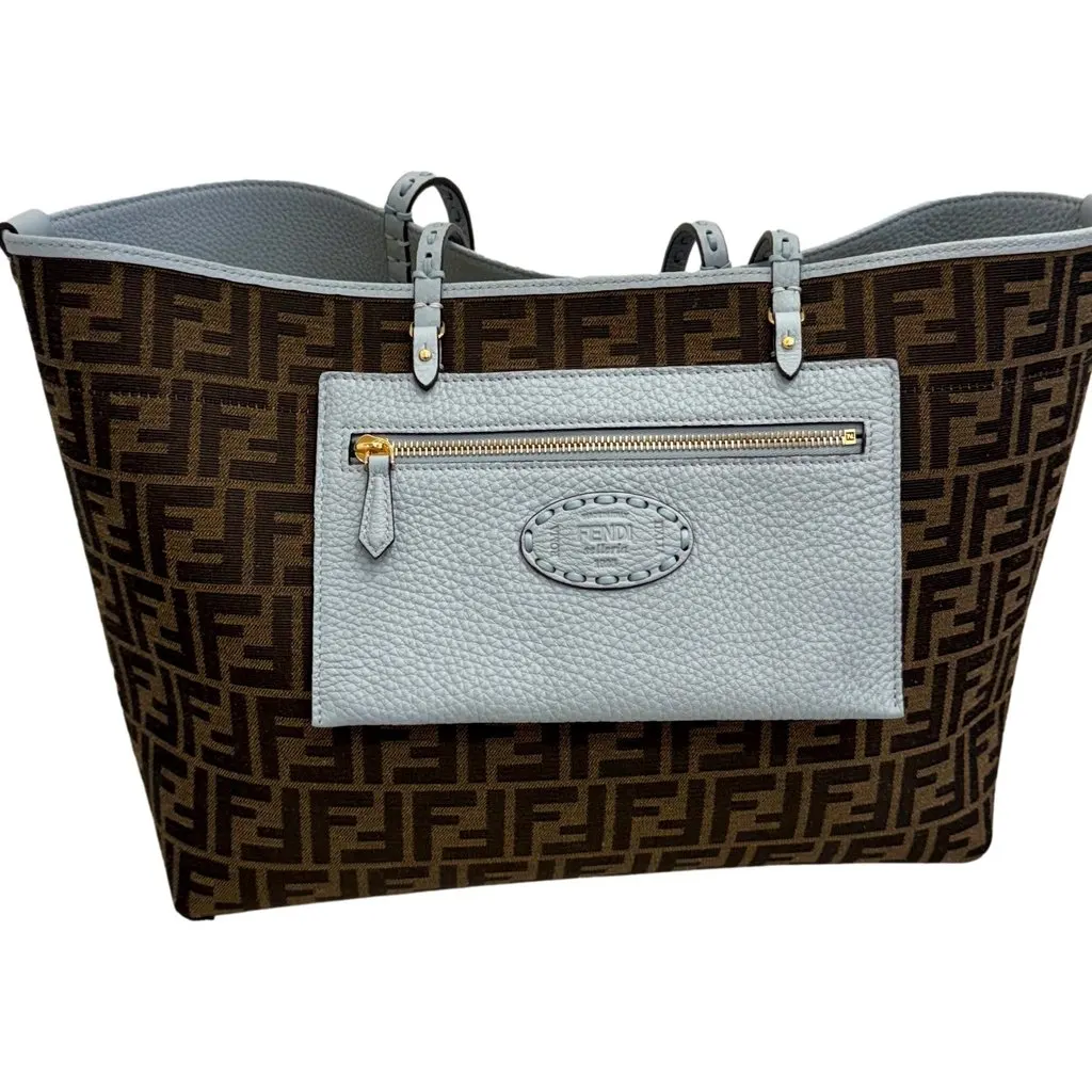 Fendi Reversible FF Canvas and Light Blue Leather Tote Bag Blue Leather Never worn - Back View