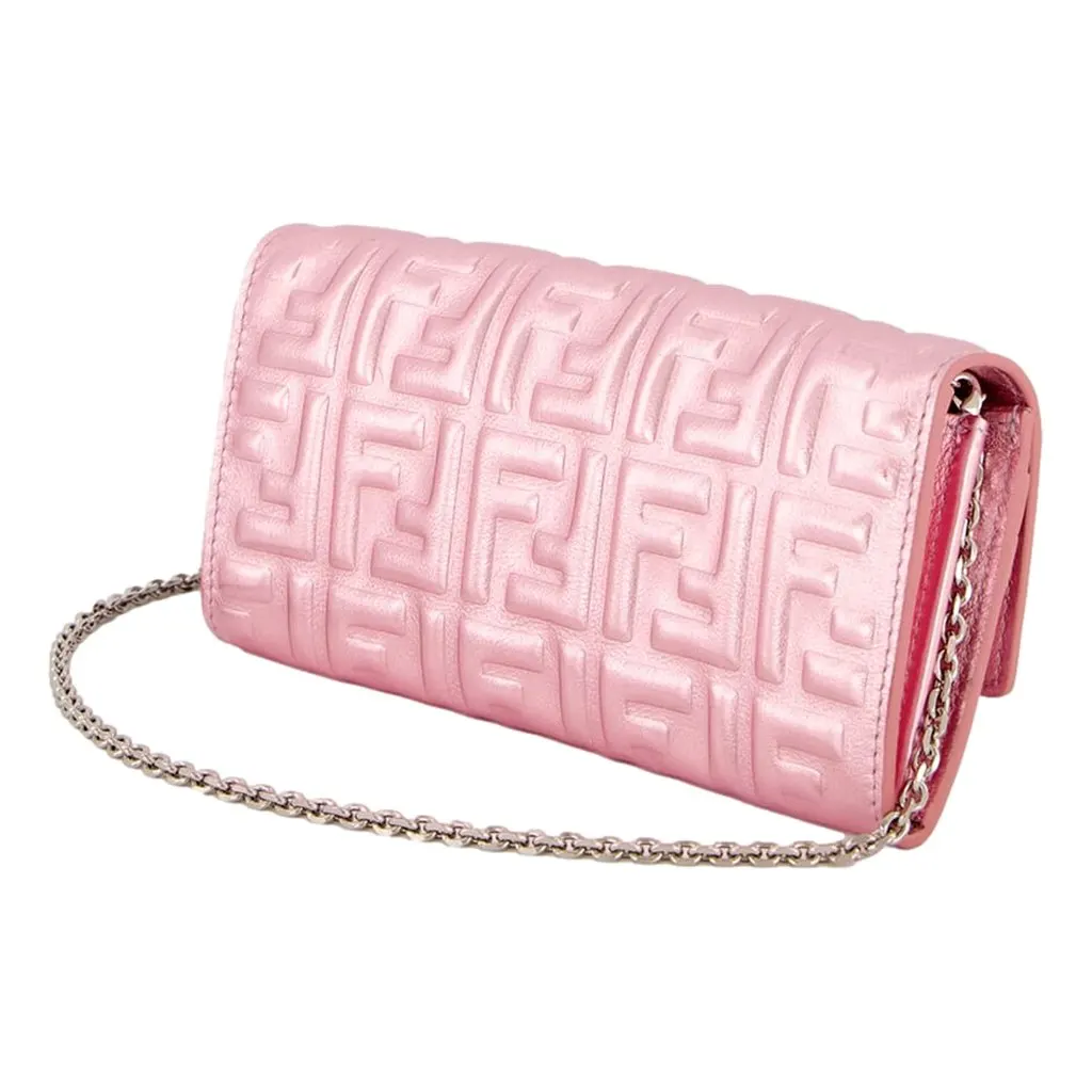 Fendi Fendi Baguette Wallet on Chain Metallic Pink FF Embossed Crossbody Bag Pink Leather Never worn - Inside View