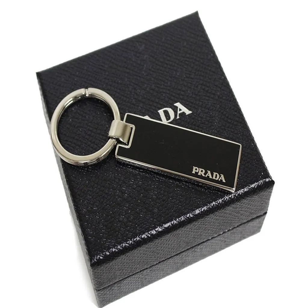 Prada Nero Black Rectangle Enamel Silver Metal Keyring Keychain Charm Black Never worn - Front View