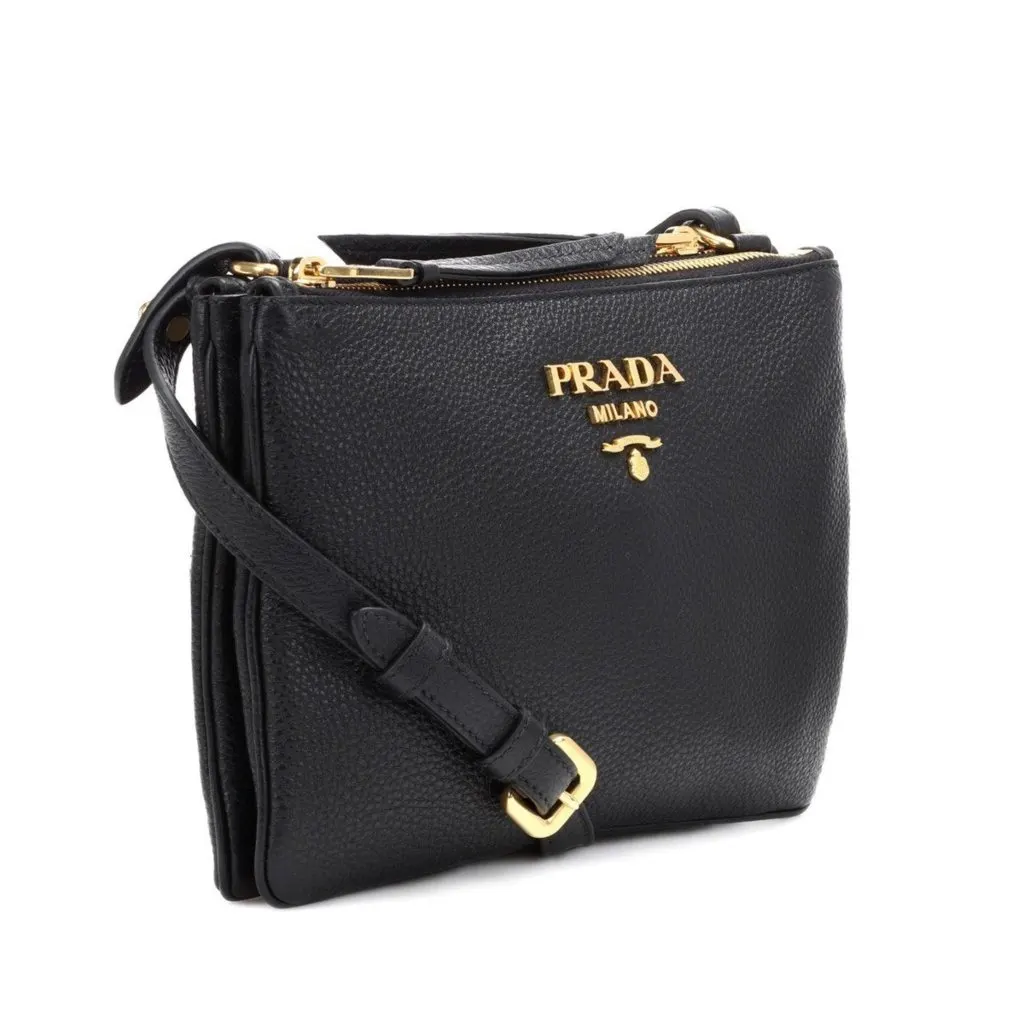 Prada Vitello Phenix Leather Gold Hardware Black Cross Body Black Leather Never worn - Back View