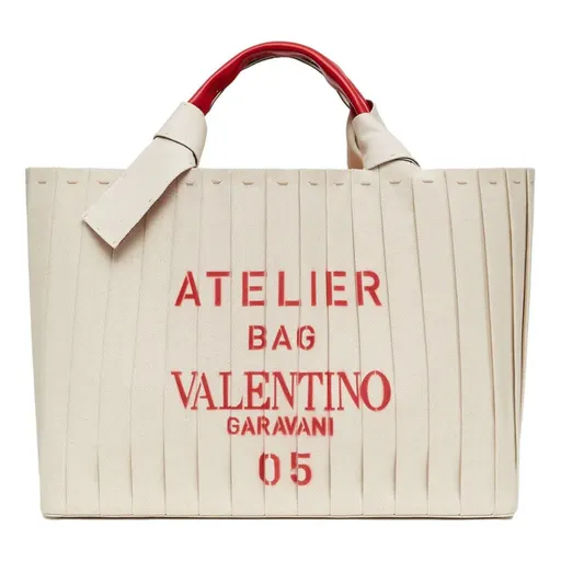 Valentino 05 Plisse Edition Sac Atelier Large Canvas Tote Bag Beige Red Trim