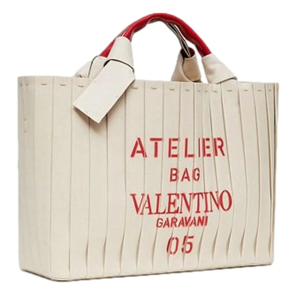 Valentino Garavani 05 Plissé Edition Sac Atelier Large Canvas Tote Bag Beige Red Trim Beige Leather Never worn - Back View