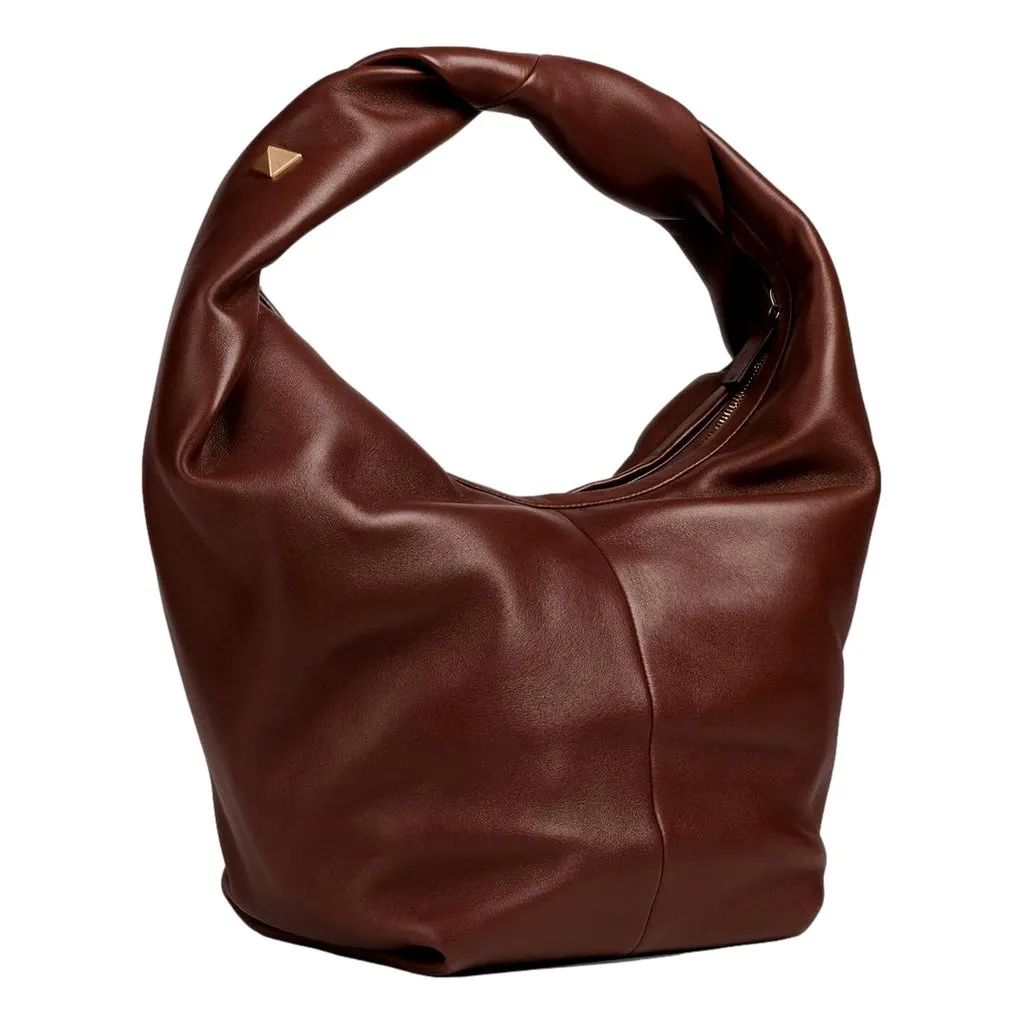 Valentino Garavani Roman Stud Brown Leather Large Hobo Shoulder Bag Brown Leather Never worn - Model View