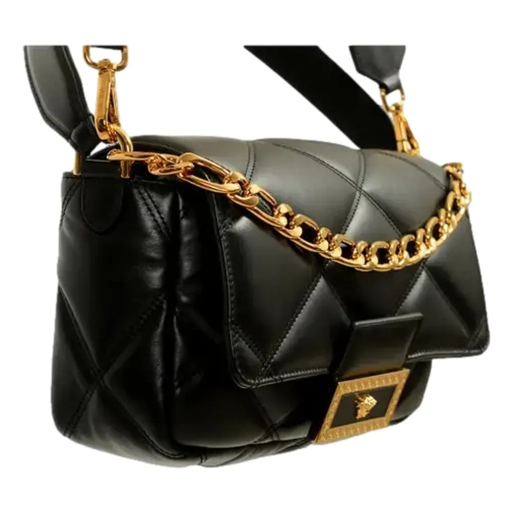 Versace La Medusa Quilted Black Calfskin Leather Crossbody Bag Gold Chain Black Leather Never worn - Back View