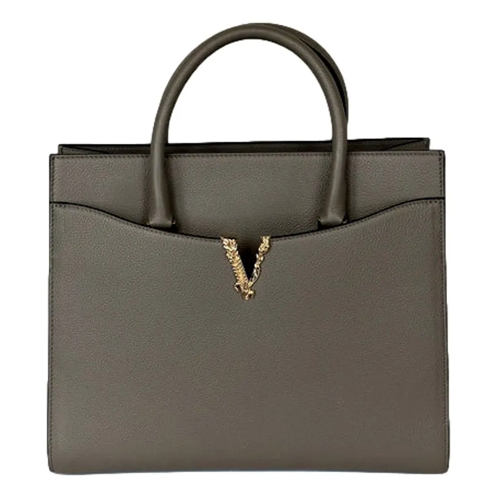 Versace Virtus Medium Top Handle Tote Taupe Grey Calfskin Leather Handbag Green Leather Never worn - Front View