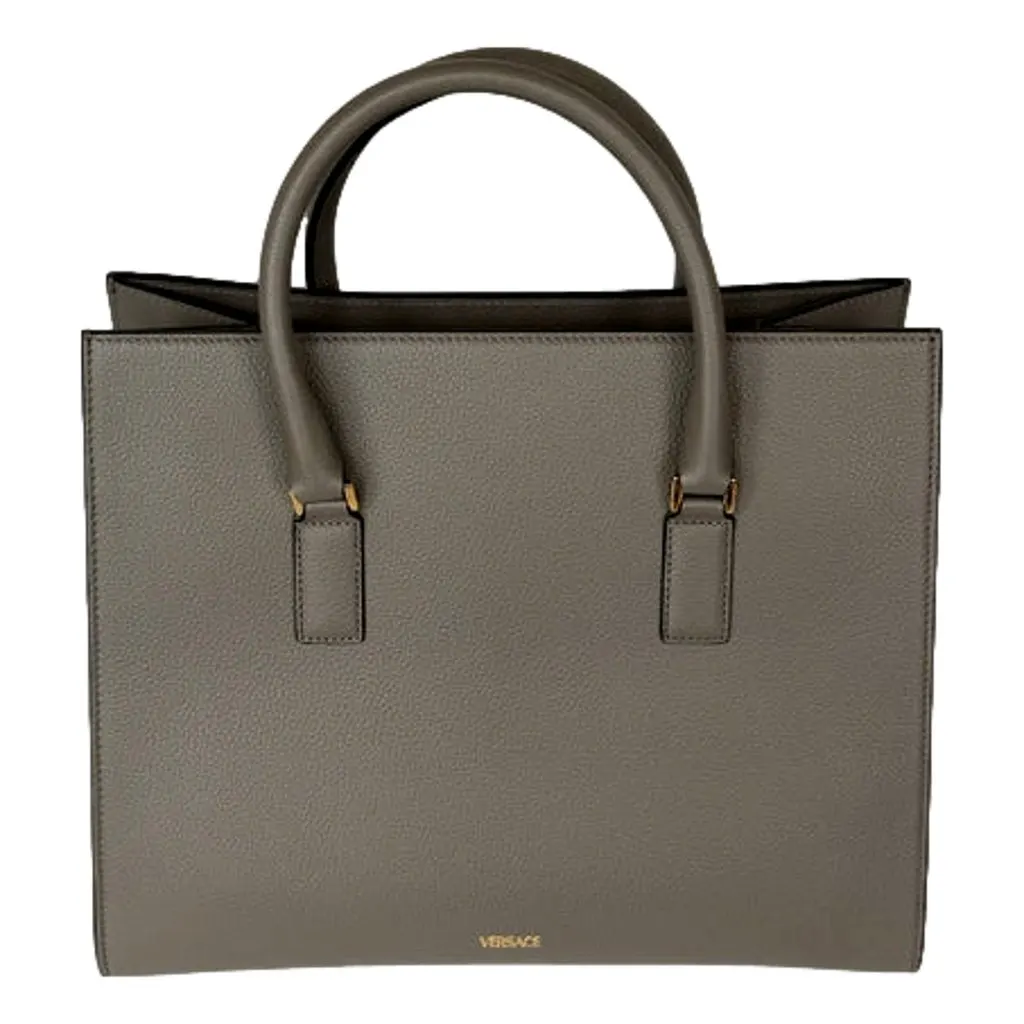 Versace Virtus Medium Top Handle Tote Taupe Grey Calfskin Leather Handbag Green Leather Never worn - Back View