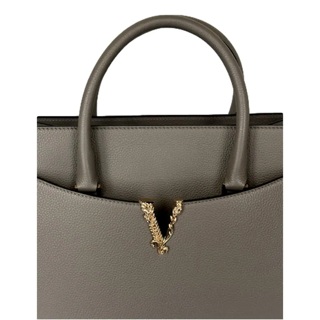 Versace Virtus Medium Top Handle Tote Taupe Grey Calfskin Leather Handbag Green Leather Never worn - Inside View
