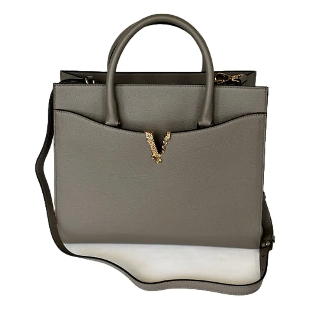 Versace Virtus Medium Top Handle Tote Taupe Grey Calfskin Leather Handbag Green Leather Never worn - Model View