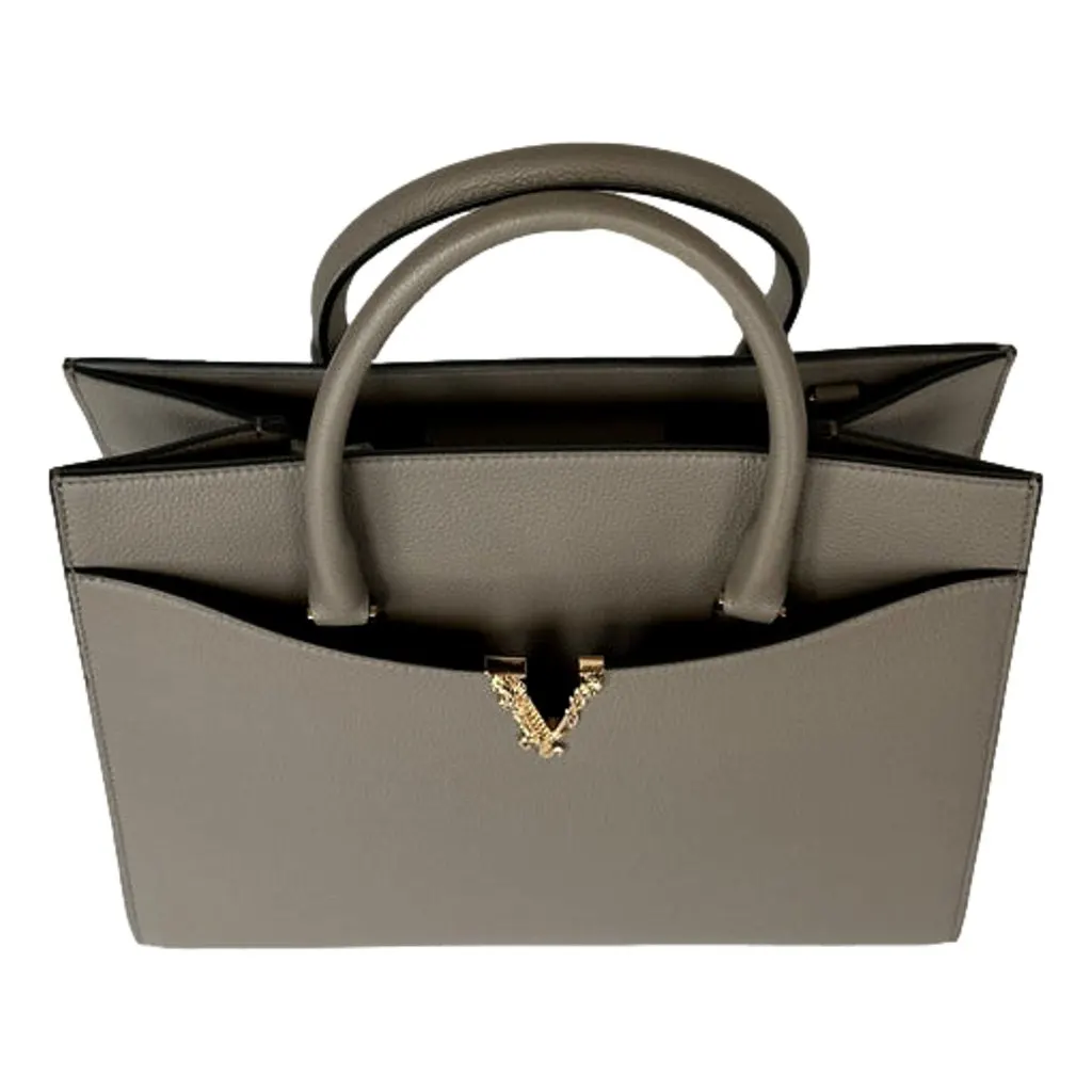 Versace Virtus Medium Top Handle Tote Taupe Grey Calfskin Leather Handbag Green Leather Never worn - Box View