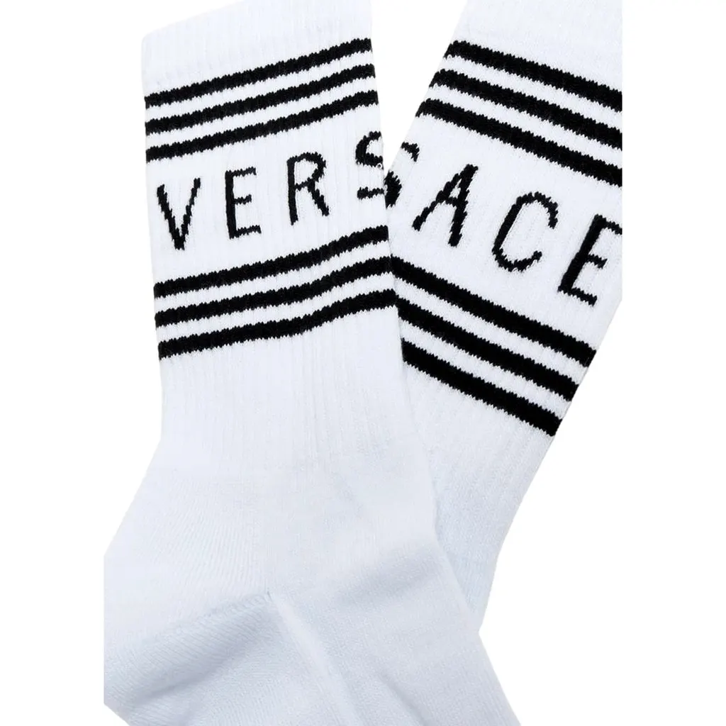 Versace White Black 90s Style Vintage Logo Tube Socks Medium White Cotton Never worn - Back View