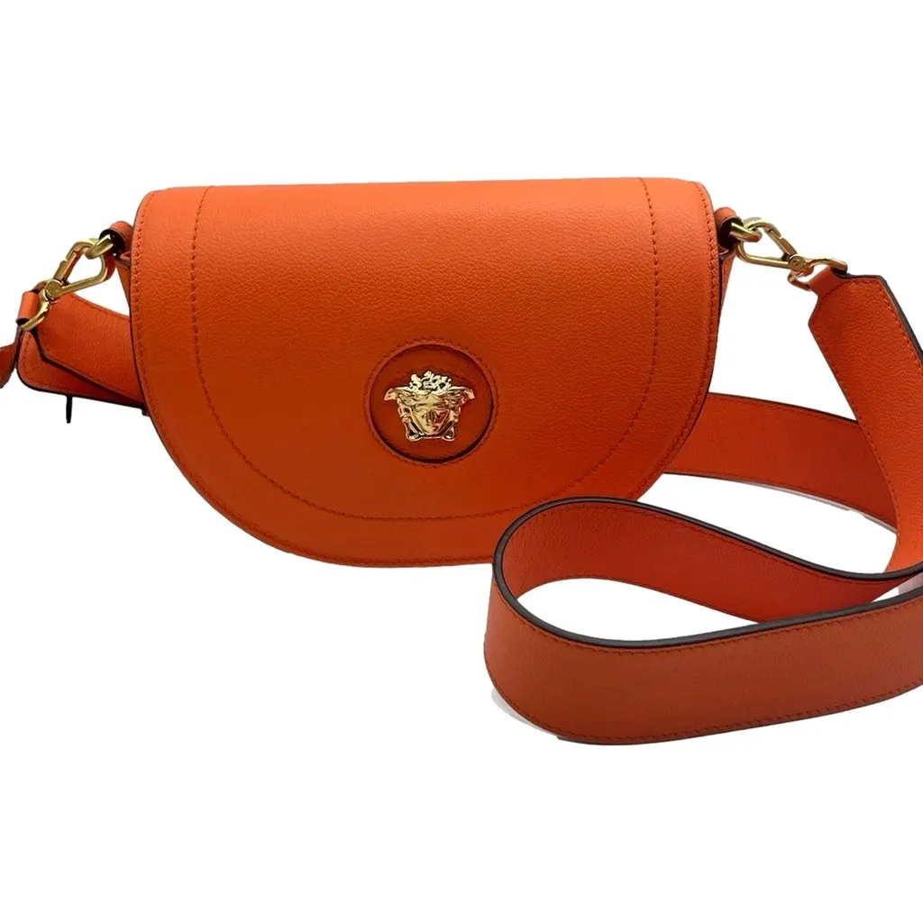 Versace Half-Moon La Medusa Vitello Leather Orange Crossbody Handbag Orange Leather Never worn - Back View