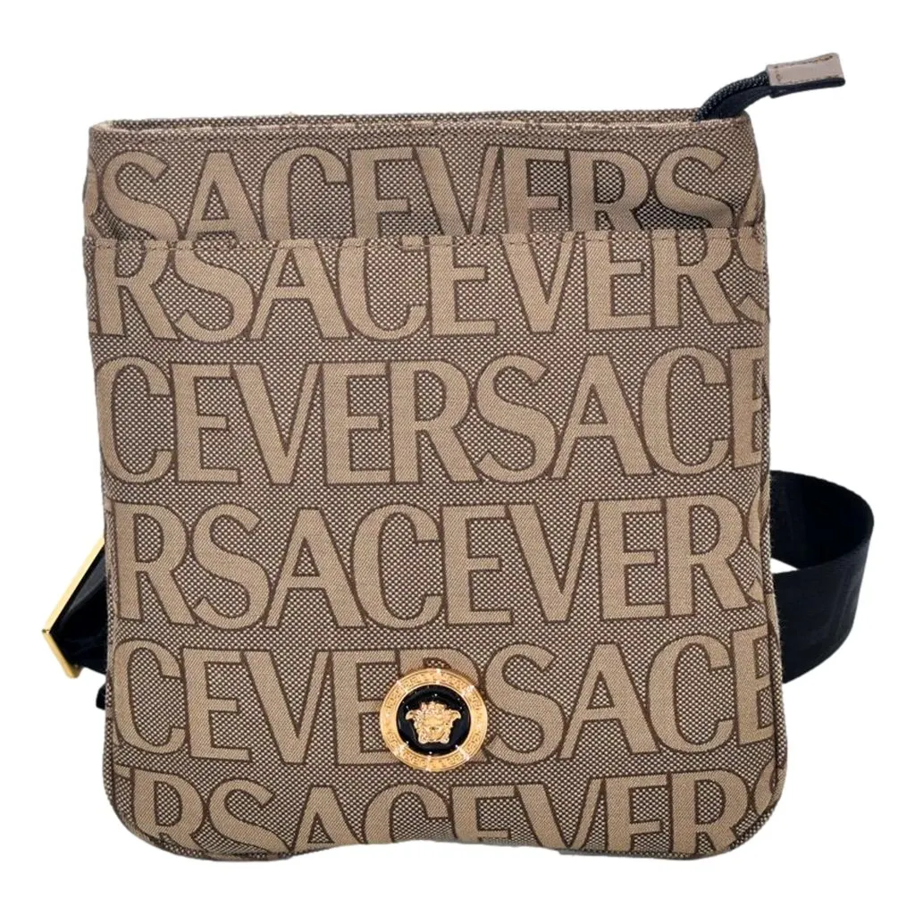 Versace La Medusa Canvas Logo Print Small Crossbody Bag Black Strap Brown Canvas Never worn - Front View