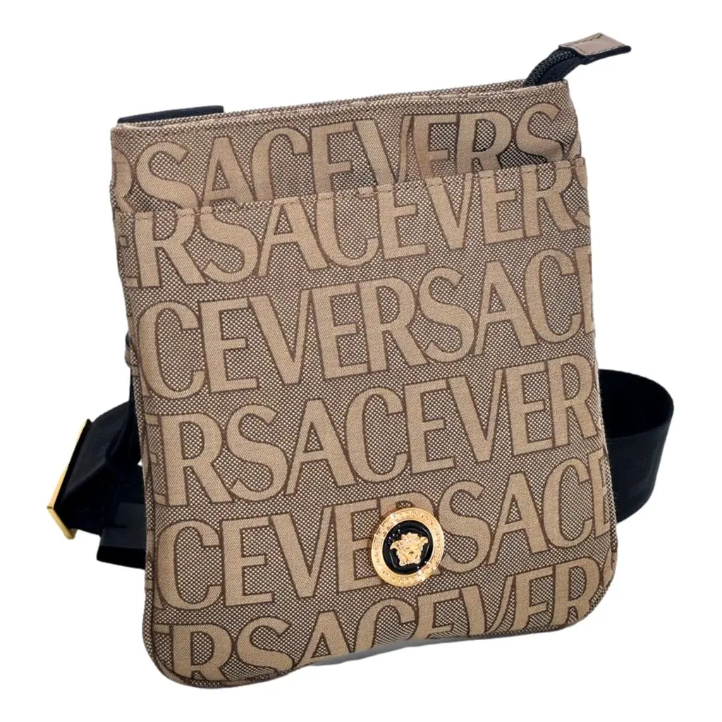 Versace La Medusa Canvas Logo Print Small Crossbody Bag Black Strap Brown Canvas Never worn - Back View
