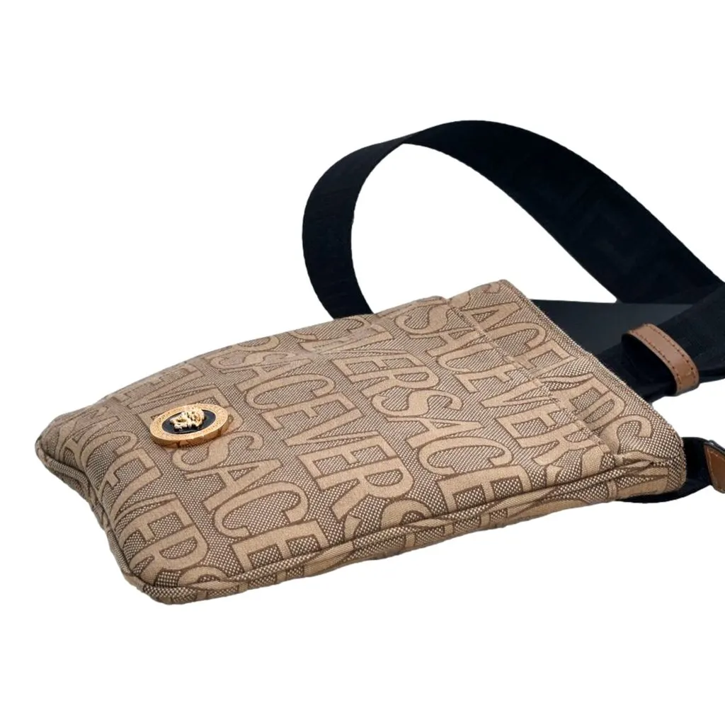 Versace La Medusa Canvas Logo Print Small Crossbody Bag Black Strap Brown Canvas Never worn - Model View