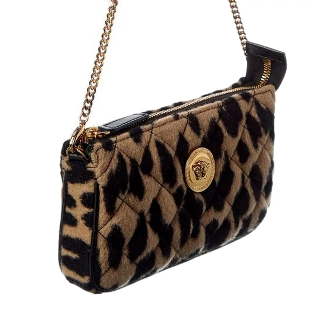 Versace Leopard Print Fur Mini Shoulder Bag Gold Medusa Chain Designer Handbag Brown Leather Never worn - Inside View
