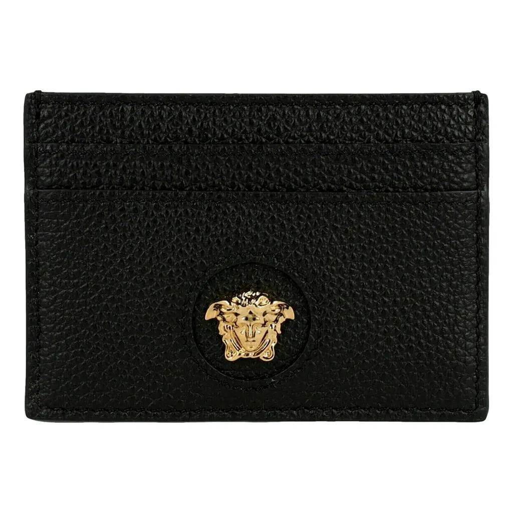 Versace Medusa Head Leather Card Holder Wallet in Black and Gold Black Leather Never worn - Front View