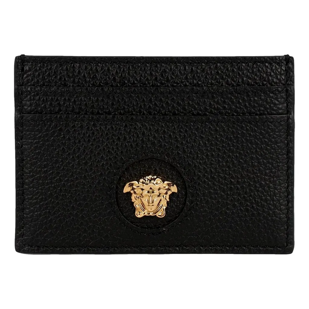 Versace Medusa Head Leather Card Holder Wallet in Black and Gold Black Leather Never worn - Model View