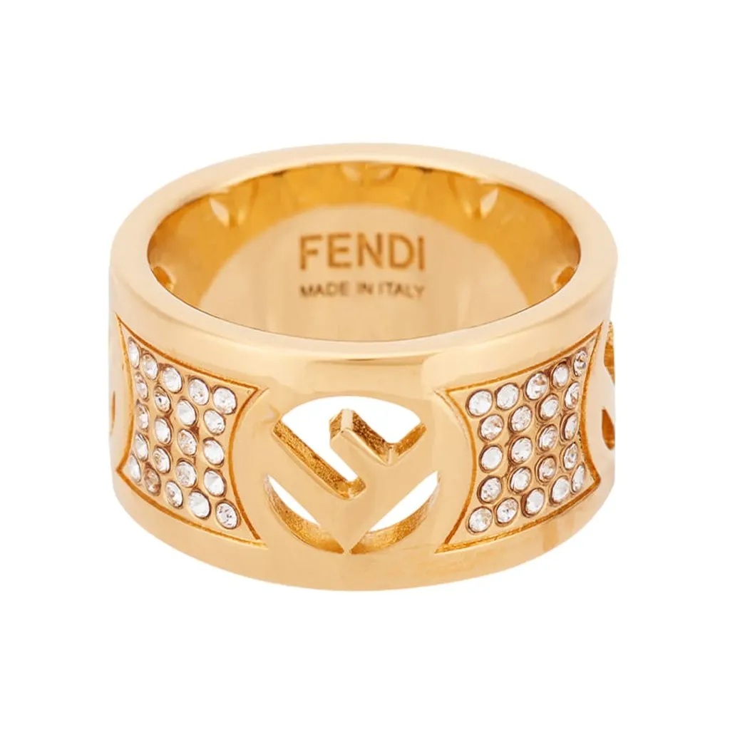 Fendi F is Fendi Logo Ring Wide Band Crystal Gold Metal Size Medium Gold Never worn - Front View